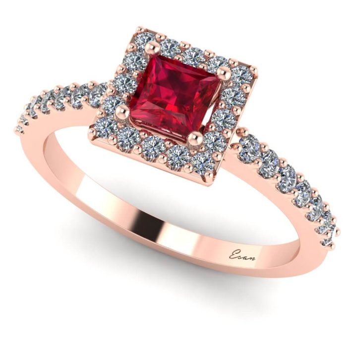 Inel logodna rubin patrat si diamante aur roz ES187
