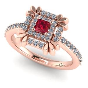 Inel logodna cu rubin patrat diamante aur roz ES164