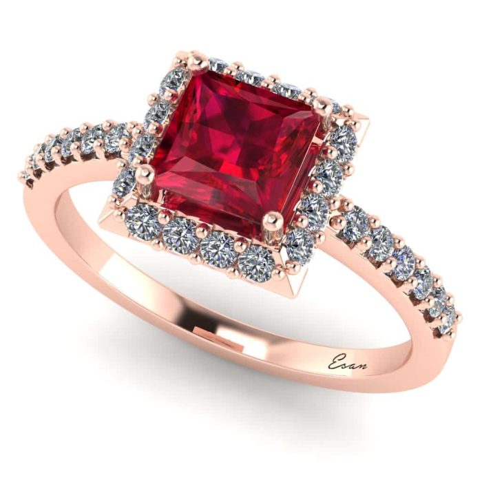 Inel logodna rubin patrat 5x5 si diamante aur ES179