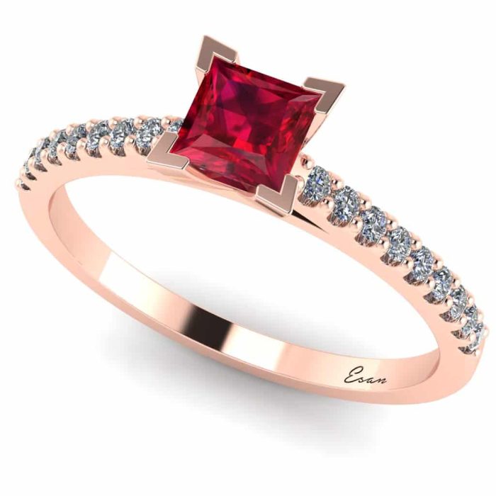 Inel rubin patrat si diamante din aur logodna ES196
