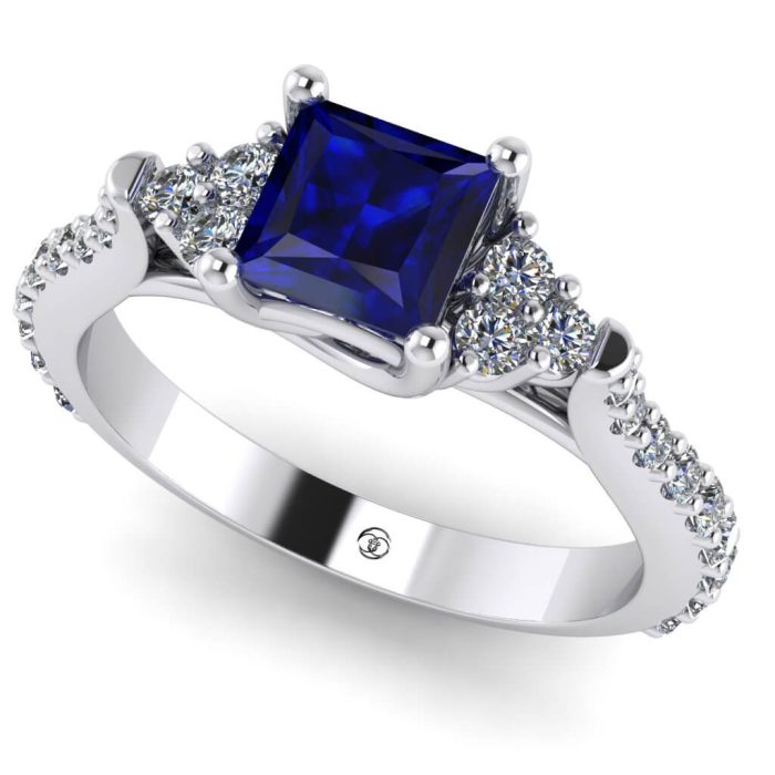 Inel safir albastru logodna patrat si diamante aur ES254