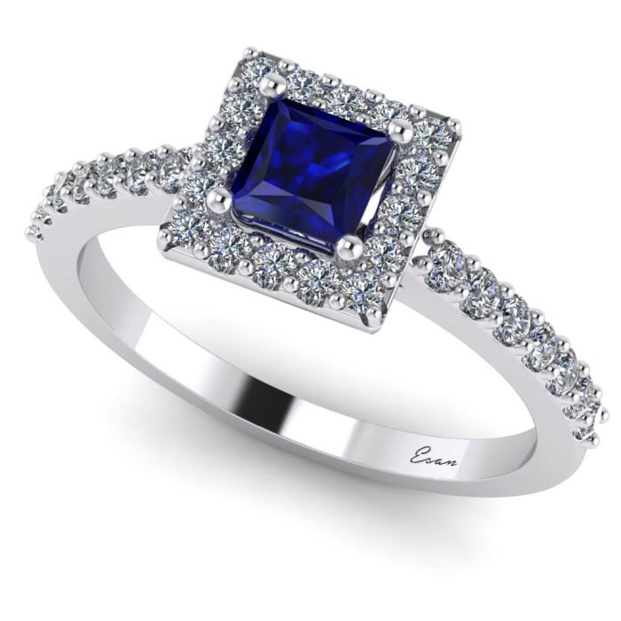 Inel logodna safir patrat si diamante aur alb ES187