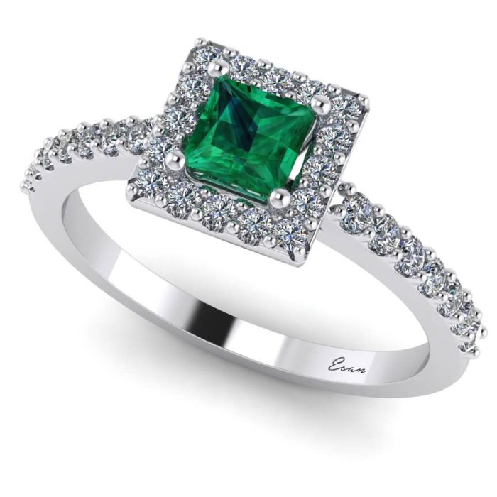 Inel logodna smarald patrat si diamante aur alb ES187