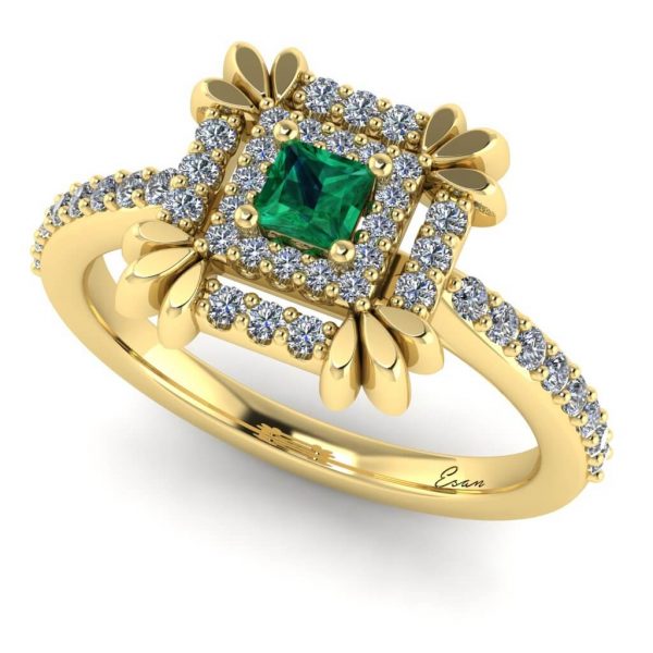 Inel de logodna cu smarald patrat si diamante aur ES164