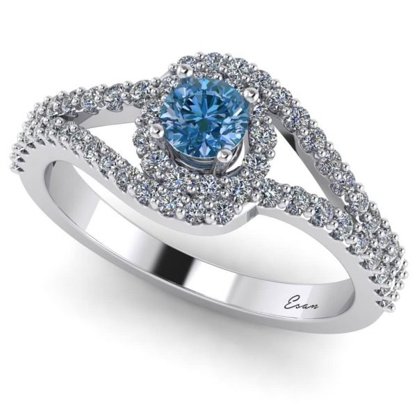 Inel logodna diamant albastru si diamante aur ES163