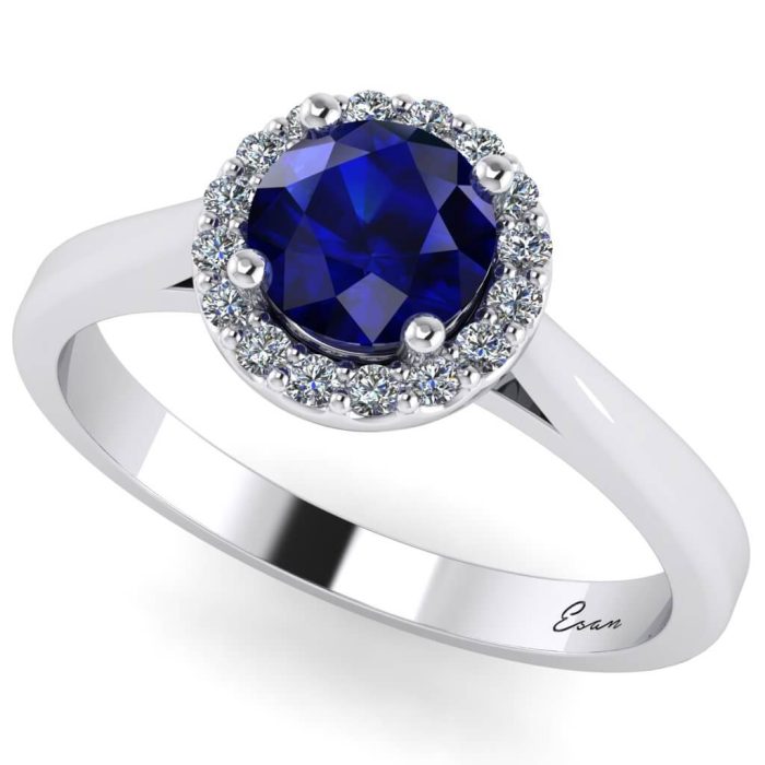 Inel logodna cu safir albastru si diamante aur alb anturaj ES200
