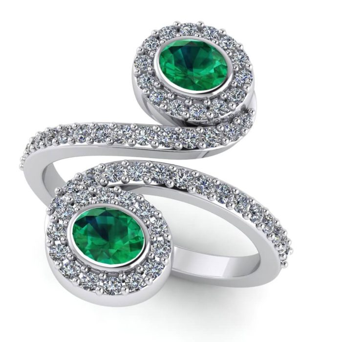 Inel din aur 2 stone smaralde si diamante din aur LOGODNA ES223