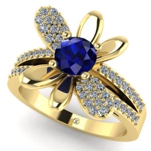 Inel model floare cu safir rotund albastru din aur ES224