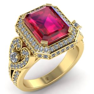 Inel dama lux cu rubin emerald si diamante din aur 18k ES275