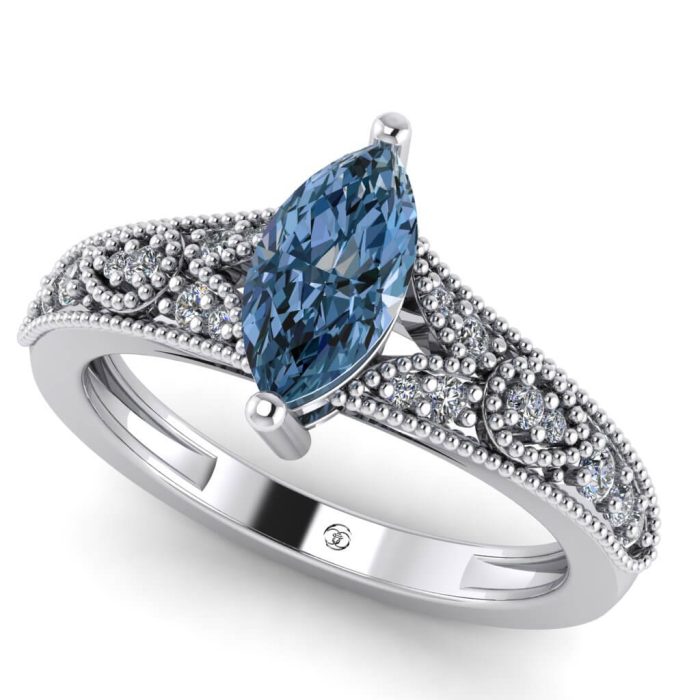 Inel aur cu diamant albastru marquise si diamante model logodna esan ES306
