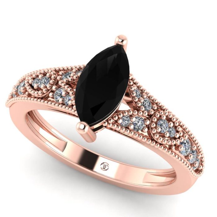 Inel logodna cu diamant negru marquise si diamante albe aur ES306