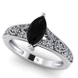Inel vintage de logodna cu diamant negru marquise si diamante ES306