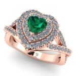 Inel cu smarald veritabil inima si 2 randuri de diamante din aur roz logodna ES305