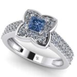 Inel aur alb 14k cu diamant albastru patrat si diamante de logodna ES377