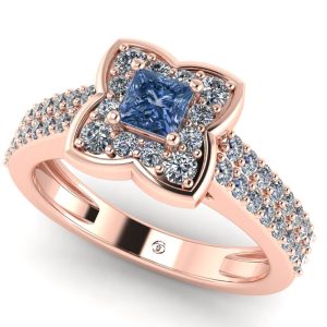 Inel logodna halo cu diamant patrat albastru aur roz ES377