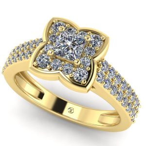 Inel halo din aur galben cu diamant forma patrat logodna ES377
