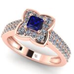 Inel de logodna cu safir albastru 4 mm patrat si diamante din aur roz ES377