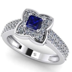 Inel angajament de logodna cu safir albastru 4 mm patrat si diamante ES377