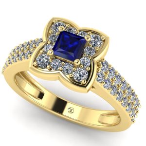 Inel logodna cu safir albastru 4 mm patrat si diamante aur ES377