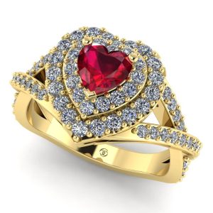 Inel aniversar cu rubin inima si diamante din aur galben 18k ES305