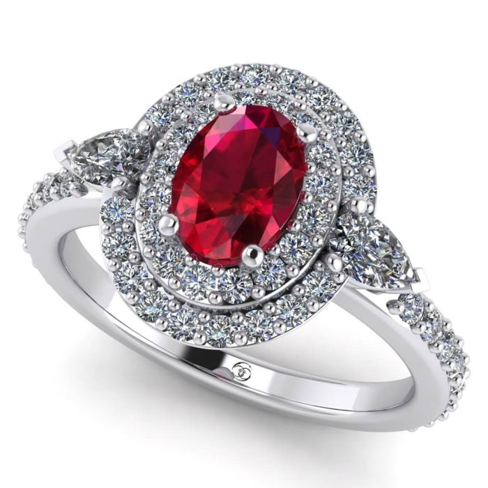 Inel halo cu 2 randuri de diamante si rubin oval aur ES338