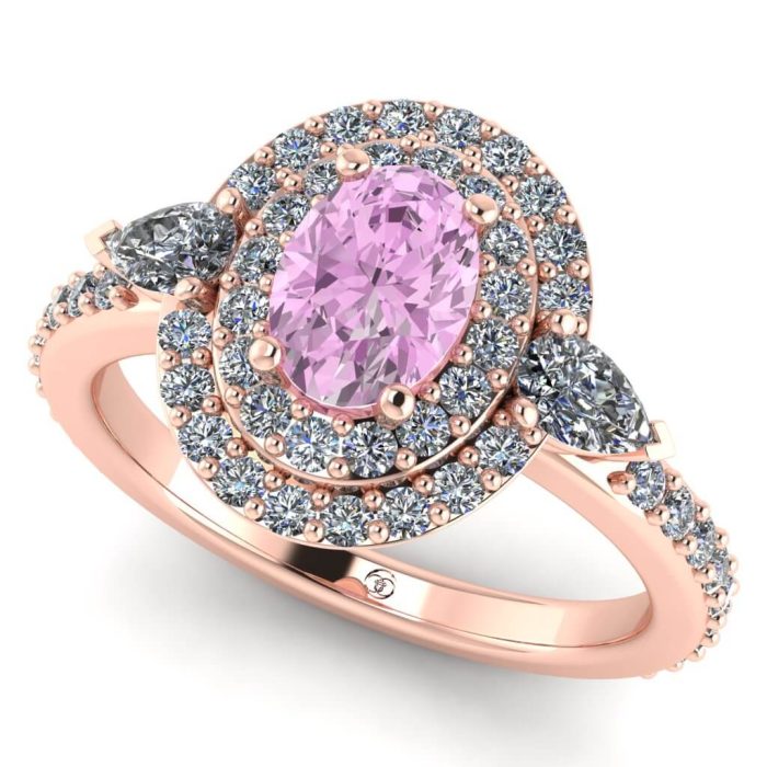 Inel anturaj cu 2 randuri de diamante carataj 0.95 din aur cu safir oval roz ES338