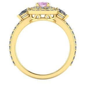 Inel de logodna anturaj cu 2 randuri de diamante si safir oval roz 7 x 5 mm ES338