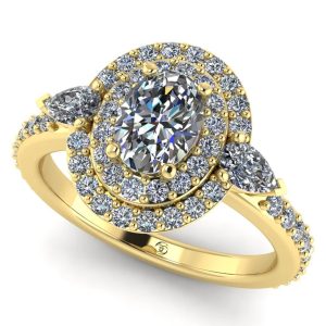 Inel anturaj 2 randuri de diamante central diamant oval din aur de logodna ES338