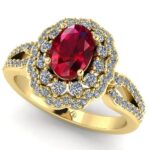 Inel de logodna cu rubin AAA oval si diamante albe naturale din aur galben ES355