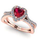 Inel halo de logodna cu rubin 5 mm si diamante din aur roz ES349