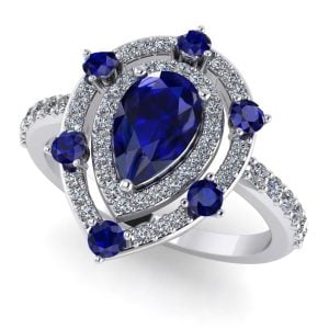 Inel anturaj cu safir albastru si diamante din aur alb 14k LOGODNA ES365