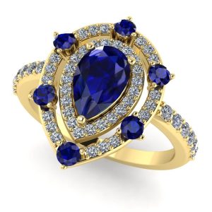 Inel anturaj cu safir albastru si diamante din aur galben de logodna ES365