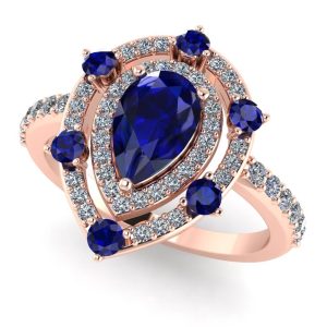 Inel de logodna din aur roz cu safir albastru si diamante model halo ES365