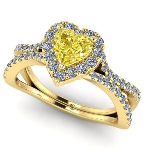 Inel cu diamant galben si diamante albe din aur logodna ES349