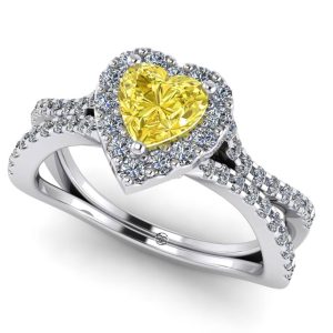 Inel logodna cu diamant galben inima 1 carat din aur alb ES349