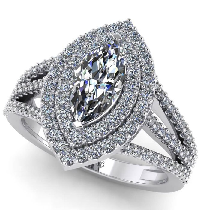 Inel anturaj LOGODNA cu diamant marquise si diamante aur alb ES345