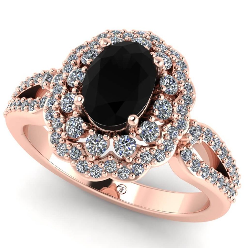 Inel de logodna cu diamant oval negru cu 2 randuri halo regal ES355