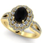 Inel de logodna cu diamant oval negru cu 2 randuri de diamante anturaj ES355