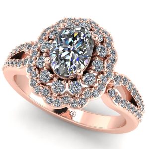 Inel anturaj cu diamant oval si 2 randuri de diamante din aur roz ES355