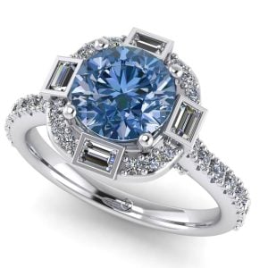 Inel logodna cu diamant albastru 1.00 carate si diamante forma baguette ES346