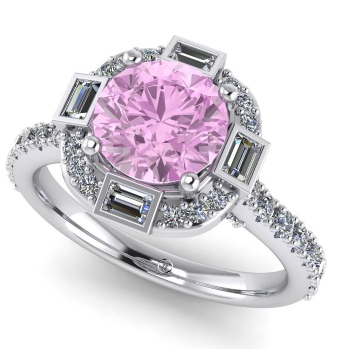 Inel logodna din aur alb cu diamant roz si baquette ES346