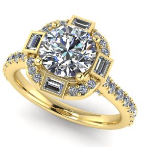 Inel anturaj cu diamant rotund si diamante baquette de logodna din aur ES346
