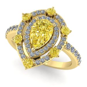 Inel dama cu piatra centrala diamant galben si diamante din aur ES365