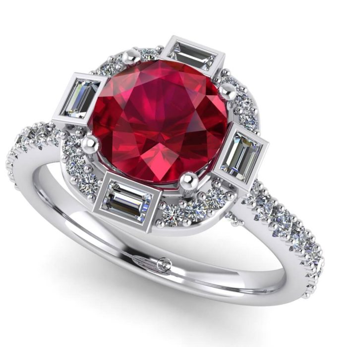 Inel de logodna aur alb cu rubin rotund si diamante anturaj ES346