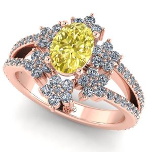 Inel anturaj floare cu diamant oval galben si diamante din aur logodna ES350