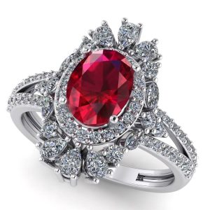 Inel de logodna halo cu rubin si diamante naturale din aur alb ES398