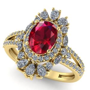 Inel logodna cu rubin oval si diamante din aur galben 18k halo fancy ES398