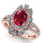 Inel anturaj regal cu rubin oval si diamante naturale de logodna din aur roz ES398