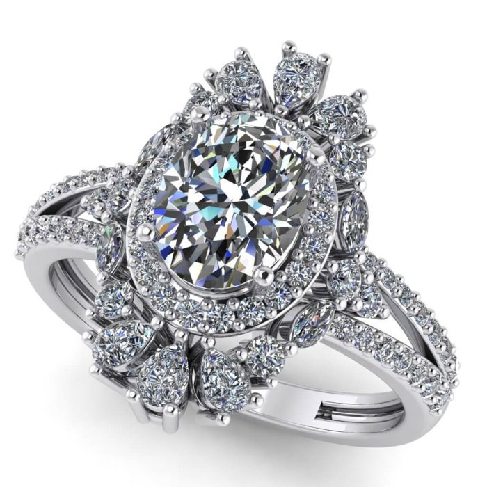 Inel anturaj regal cu diamant oval si diamante din aur alb ES398