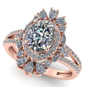 Inel anturaj regal cu diamant oval si diamante din aur roz ES398